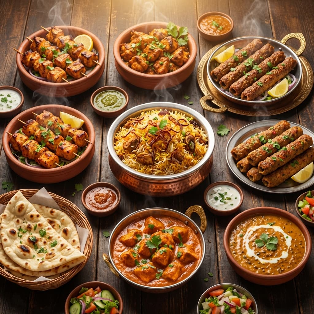Authentic Lahori cuisine spread featuring biryani, kebabs, curries and naan
